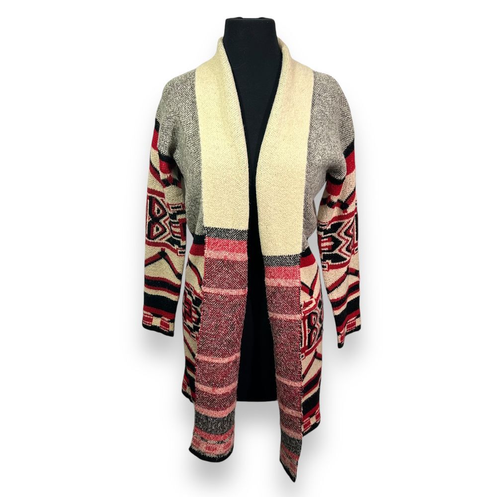 BCBGMaxazria Aztec‎ Pattern Long Cardigan Sweater Open Front Knit Womens Small